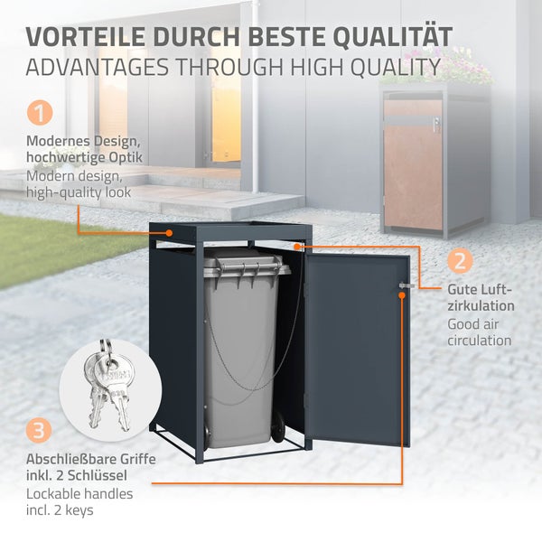 ML-Design Mülltonnenbox 1er mit Pflanzdach für 1 Mülltonne 240L 68x80x124 cm, Rost-Optik, Stahl, wetterfest, Abschließbare Mülltonnenverkleidung mit Tür, Müllbox Mülltonnecontainer Mülltonnenabdeckung