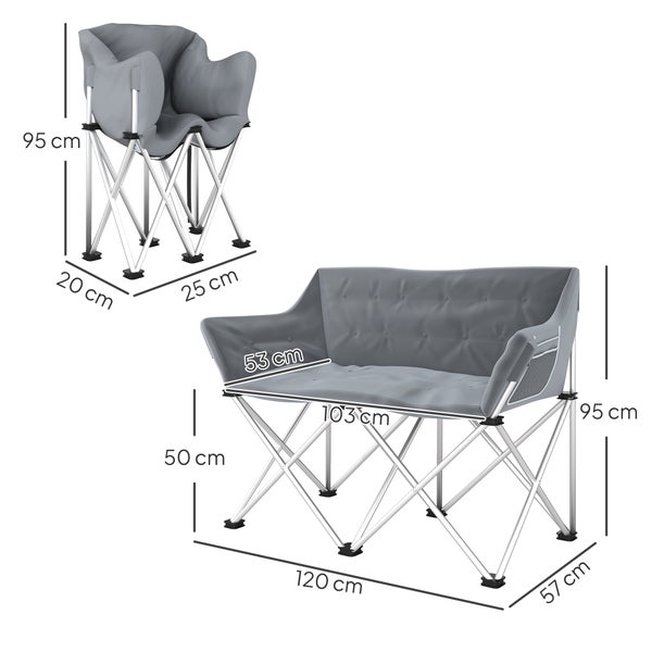 Outsunny Faltstuhl 2 Sitzer faltbar Campingstuhl mit Armlehnen Seitentasche Outdoor Klappstuhl bis 240kg belastbar leicht gepolstert Angelstuhl Gartenstuhl für Garten Camping Strand