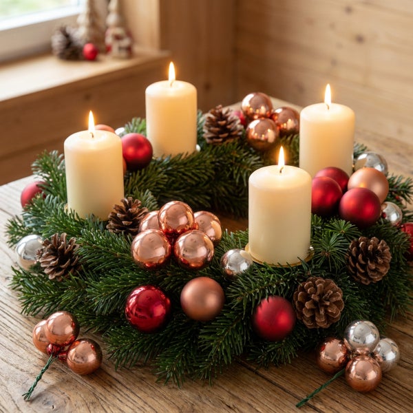 Adventskranz mit vier brennenden Stumpenkerzen geschmückt mit Weihnachtskugeln und Tannenzapfen auf einem Holztisch.