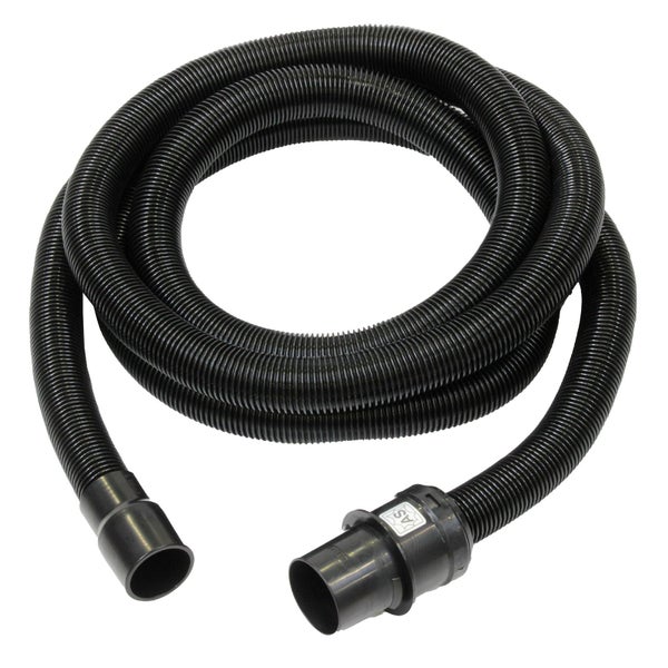 Flexibler, schwarzer Saugschlauch in gerippter Ausführung mit Anschlussstücken und Antistatik Kennzeichnung.