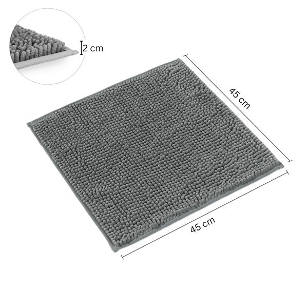 Quadratische Chenille-Badematte, 45 mal 45 Zentimeter, Florhöhe 2 Zentimeter.