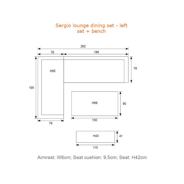 Technische Zeichnung mit Maßen für das Sergio Lounge-Dining-Set bestehend aus Ecksofa, Tisch und Bank in Zentimetern.