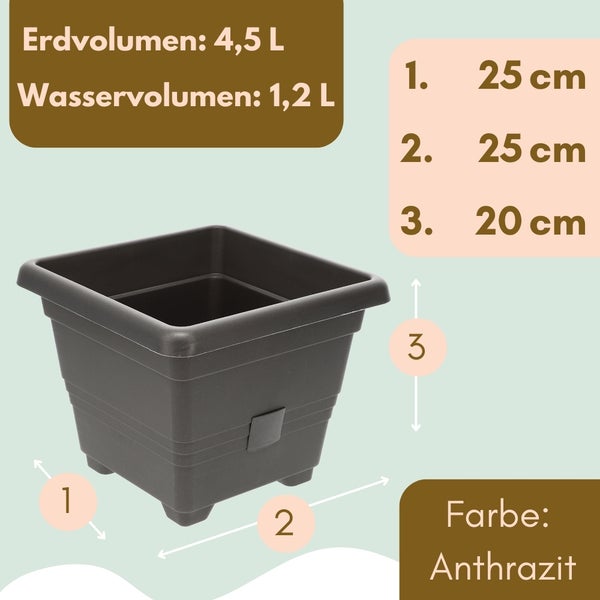 Quadratischer anthrazitfarbener Pflanztopf mit den Maßen 25 x 25 x 20 Zentimeter und einem Erdvolumen von 4,5 Liter und einem Wasservolumen von 1,2 Liter.