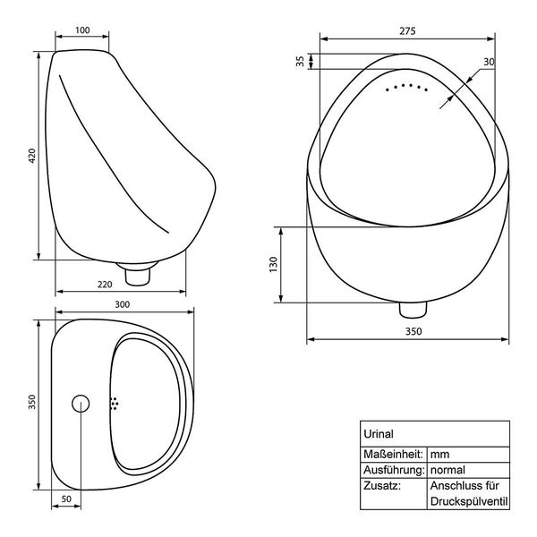 ECD Germany Urinal Zulauf von Oben Weiß, Hochwertige Keramik Pinkelbecken, Modernes Design Pissoir, 35 x 42 x 30 cm, Rund, Spülrand Geschlossen, Ablauf nach hinten, WC-Urinal Absaugeurinal Becken