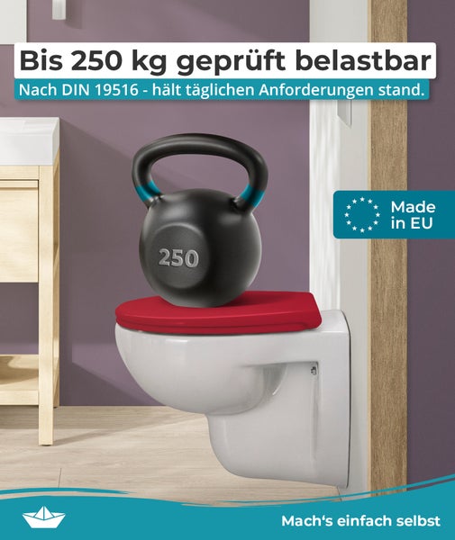 Calmwaters® Premium WC Sitz einfache Montage, Toilettendeckel bis 250 kg, Made in EU, antibakterieller Duroplast, Absenkautomatik, 2 Montage Optionen, abnehmbar, Klobrille, oval, Rot