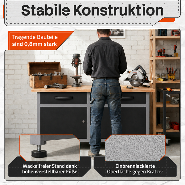 Werkbank mit Holzplatte, zwei Schubladen, Schrankfach, 0,8 Millimeter starken Bauteilen, höhenverstellbaren Füßen und kratzfester Oberfläche.