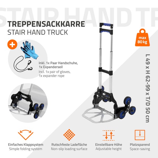 ECD Germany Sackkarre klappbar aus Aluminium, Transportkarre faltbar mit 6 Rädern, bis 80 kg, Treppensackkarre mit Teleskopgriff, Treppensteiger Stapelkarre Handkarre, inkl. Handschuhe & Spanngurt