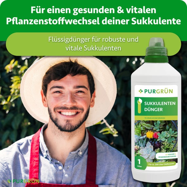 Eine Flasche Purgrün Sukkulentendünger mit einem Liter Inhalt neben einem lächelnden Gärtner mit Hut und Schürze.
