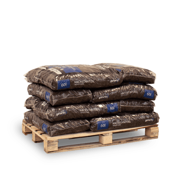 Galamio Hackschnitzel auf einer Holzpalette, 60 Liter pro Sack, Bodenabdeckung für den Garten.