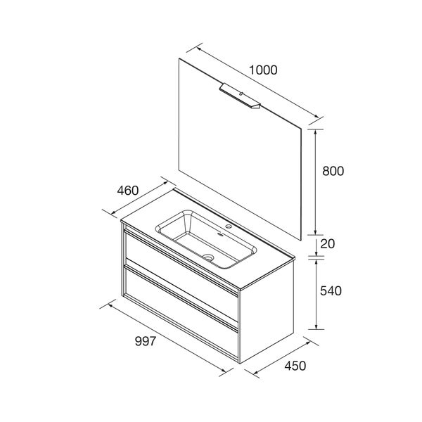 Maßzeichnung für ein Badmöbel-Set mit Waschbeckenunterschrank, Waschbecken und Spiegel inklusive Abmessungen in Millimetern.