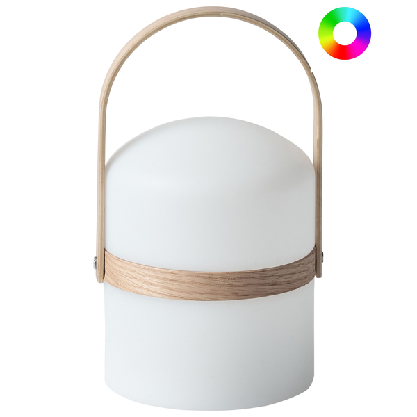 Tragbare Tischleuchte mit Holzgriff und Farbwähler