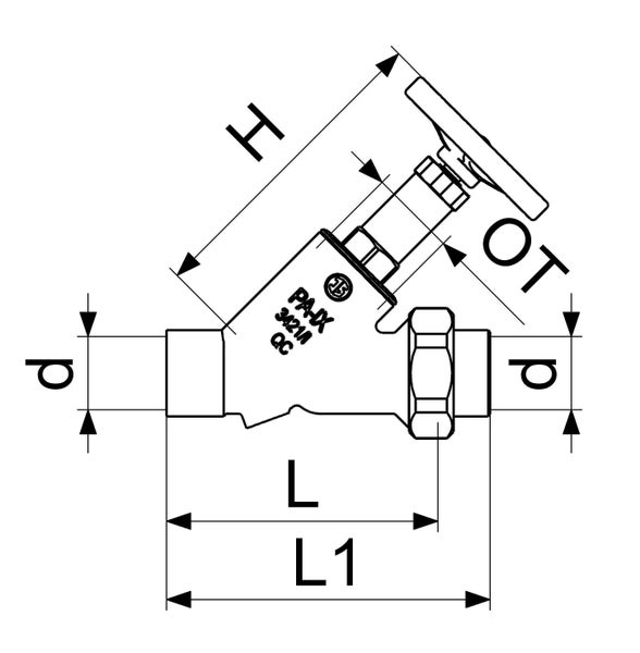 Technische Zeichnung eines Schrägsitzventils mit Maßangaben für Durchmesser, Länge und Höhe.