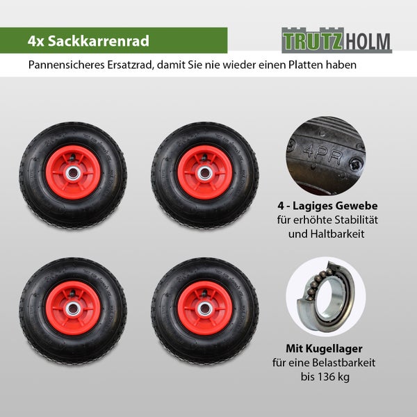 Vier TrutzHolm Sackkarrenräder als pannensichere Ersatzräder mit Kugellager und vierlagigem Gewebe für hohe Stabilität.