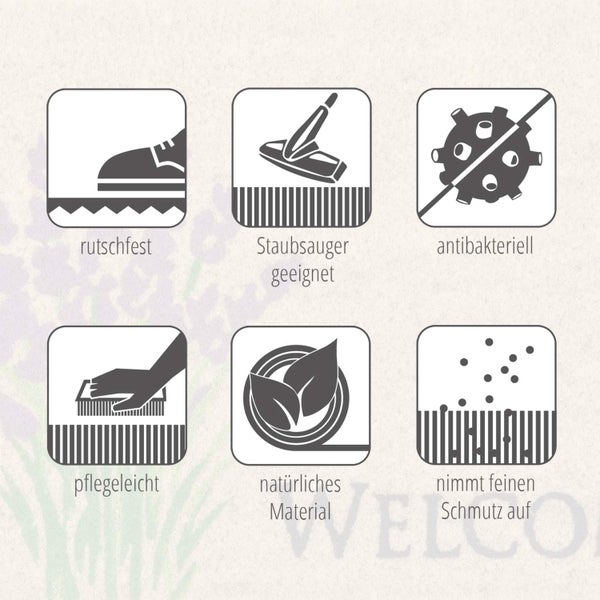 Symbole für rutschfest, staubsaugergeeignet, antibakteriell, pflegeleicht, natürliches Material, nimmt feinen Schmutz auf