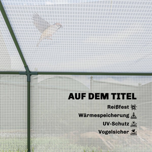 Gitterfolie für Gewächshäuser mit Symbolen für Reißfestigkeit, Wärmespeicherung, Schutz vor ultravioletter Strahlung und Vogelsicherheit.