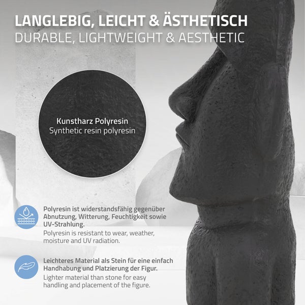 ECD Germany Moai Figur Rapa Nui Kopf 53,5 cm hoch aus wetterfestem Steinguss Kunstharz, Anthrazit, Osterinsel Statue als Dekoration für Haus & Garten, Gartenfigur Dekofigur, Skulptur für Innen & Außen