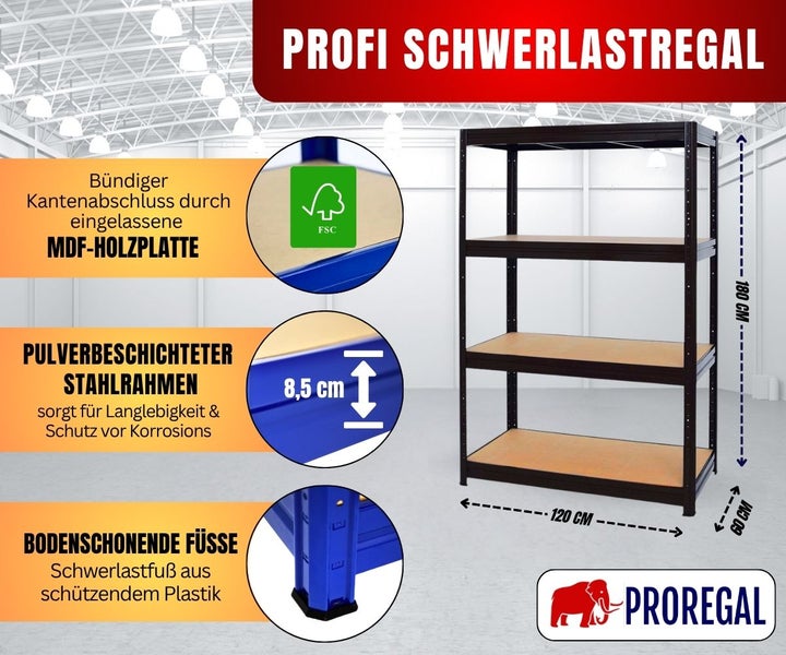 Proregal Profi-Schwerlastregal aus pulverbeschichtetem Stahl, vier bündige MDF-Böden, FSC-zertifiziert, 180 mal 120 mal 60 Zentimeter, Proregal Logo.