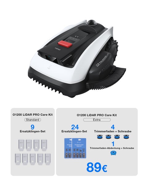Ecovacs Mähroboter Goat O1200 LiDAR PRO mit Zubehörsets: Standard mit 9 Ersatzklingen und Extra mit 24 Klingen sowie Trimmer-Zubehör für 89 Euro.