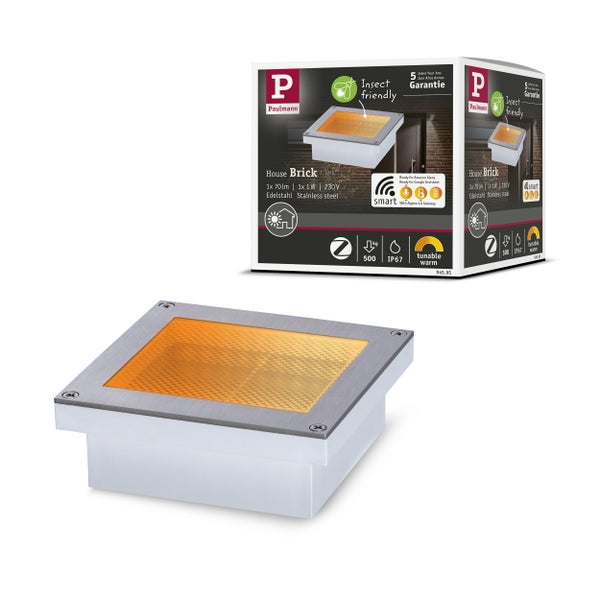 LED Solar Außenwandleuchte mit Bewegungsmelder und Maßangaben sowie fünf Jahre Garantie
