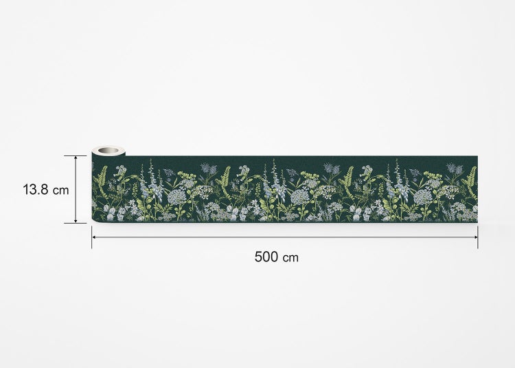 Tapetenbordüre mit floralem Muster aus Wildblumen und Blättern, 13,8 Zentimeter hoch und 500 Zentimeter lang.