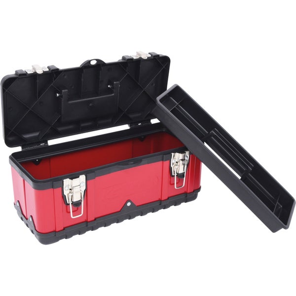 Geöffnete rote Werkzeugkiste mit herausnehmbarem Einsatz