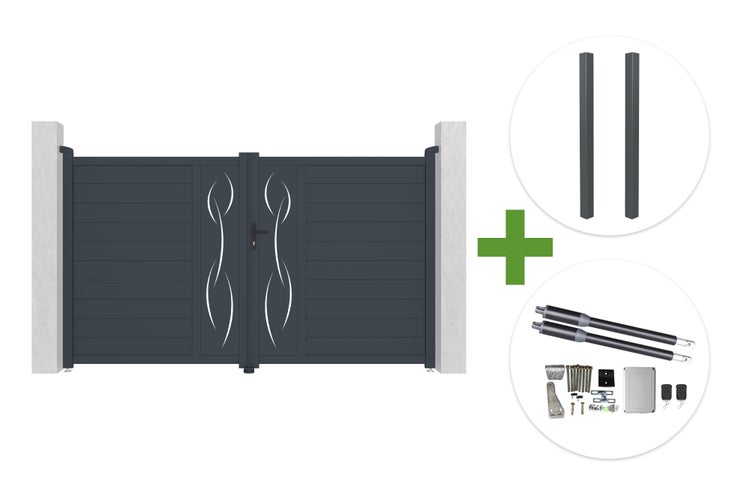 Aluminium-Doppelflügeltor-Set mit Wellendekor, zwei Pfosten und elektrischem Torantrieb inklusive Fernbedienungen.