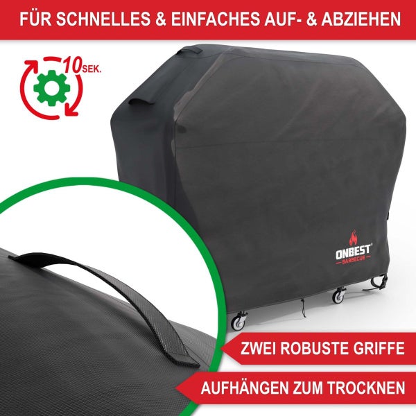 ONBEST Barbecue Logo auf wetterfester Grillabdeckung mit zwei Griffen für schnelles Auf- und Abziehen in circa 10 Sekunden und zum Aufhängen zum Trocknen.