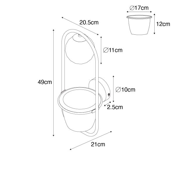Technische Zeichnung einer Wandhalterung für Pflanzgefäße mit Maßangaben