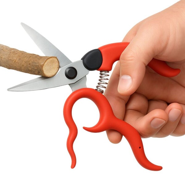 Hand hält Gartenschere, die einen Ast schneidet.