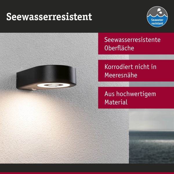 Seewasserresistente LED-Außenwandleuchte aus hochwertigem Material, korrosionsbeständig für die Nutzung in Meeresnähe.