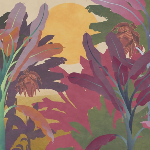 Illustration einer üppigen tropischen Szene mit Bananenblättern und Sonne