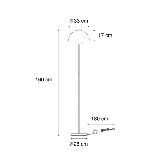 Abmessungen einer Stehlampe: Höhe 160 cm, Lampenschirmdurchmesser 33 cm, Lampenschirmhöhe 17 cm, Fußdurchmesser 28 cm, Kabellänge 180 cm