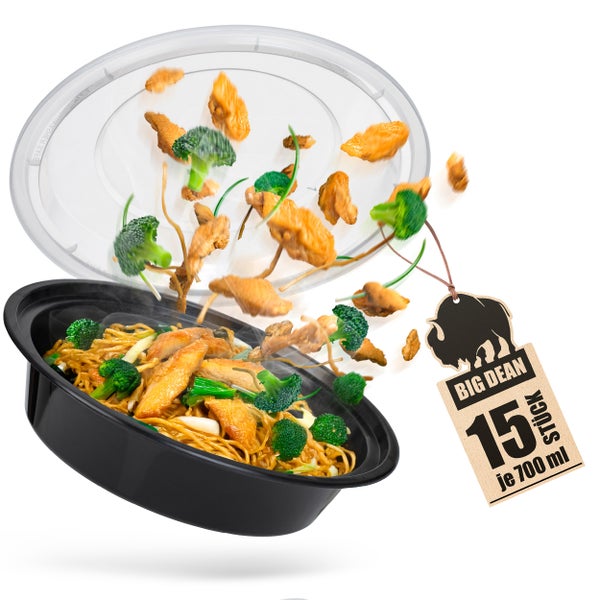 Big Dean Set aus 15 Vorratsdosen für Meal Prep mit je 700 Milliliter Fassungsvermögen, bestehend aus schwarzer Schale und transparentem Deckel.