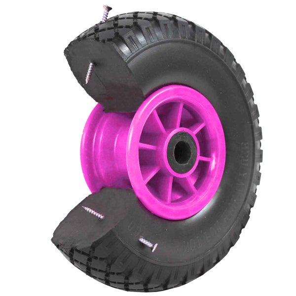 Schwarzes Rad mit Schrauben und pinkfarbener Felge