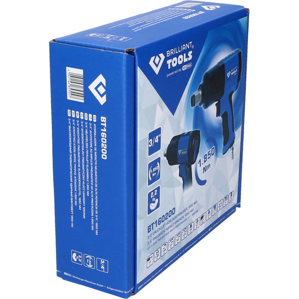 Verpackung eines Brilliant Tools Druckluft-Schlagschraubers 3/4 Zoll mit 1850 Newtonmeter Drehmoment