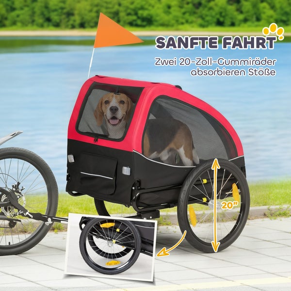 Fahrradanhänger für Hunde mit zwei 20-Zoll-Gummirädern für eine sanfte Fahrt, Beagle blickt aus dem Netzfenster.