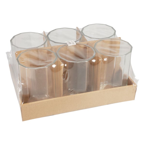 Sechserpack facettierte Glasvasen in Kartonverpackung mit Schutzfolie.