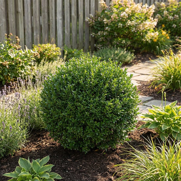Kugelrund geschnittener Buchsbaum in einem gepflegten Gartenbeet mit Lavendel und Gräsern vor einem Holzzaun.