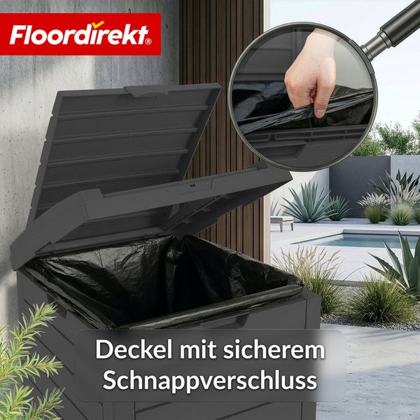 Geöffnete, graue Gartentruhe mit schwarzem Müllsackeinsatz und sicherem Schnappverschluss von Floordirekt