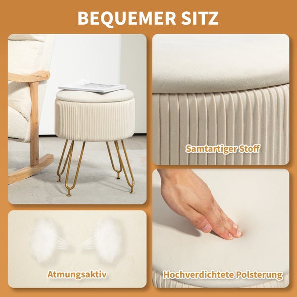HOMCOM Sitzbank mit Stauraum, 2-in-1 Polsterbank mit Deckel, Bettbank mit Samtoptik, für Flur Schlafzimmer Wohnzimmer, Stahlrahmen, Ø40 x 48 cm Cremeweiß