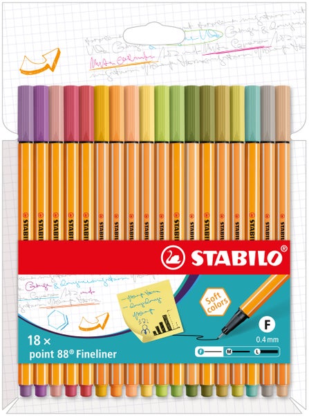 STABILO Fineliner point 88 Soft Colors 18er Set Etui mit 18 Stiften, Ausführung Spitze: metallgefasste Spitze in 0,4 mm, Tinte auf Wasserbasis, lichtbeständig, Lineal- und schablonengeeignet, Kartonetui, Limitierte Edition