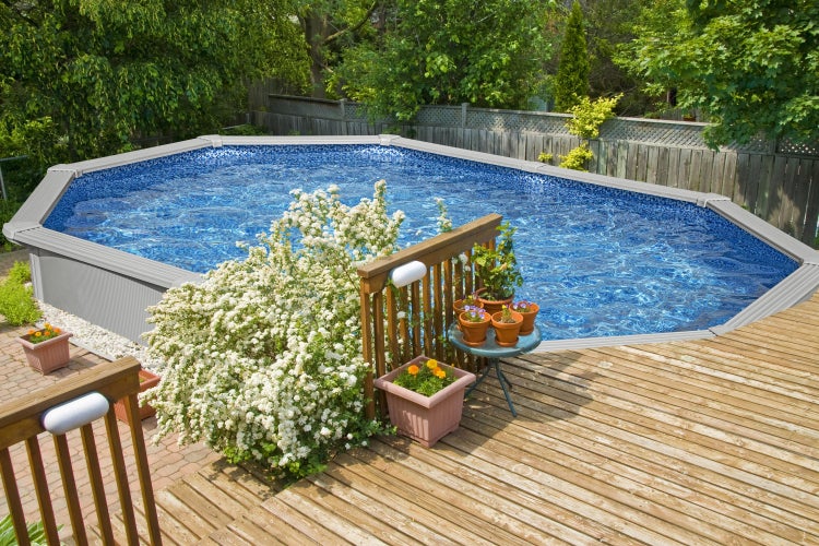 Ovaler Aufstellpool mit blauem Wasser, integriert in eine Holzterrasse in einem hellen Garten mit Bäumen und Sträuchern.