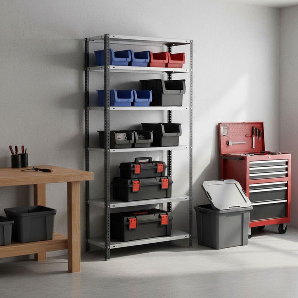 Helle, organisierte Werkstatt mit Metallregal für Lagerkästen und Werkzeugkoffer, hölzerner Werkbank und fahrbarem Werkzeugwagen.