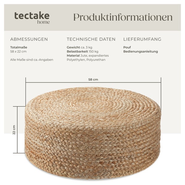 Handgefertigter Pouf tectake Banno Elipse 58 x 22 cm, Belastbarkeit 150 kg Boho-Stil beige
