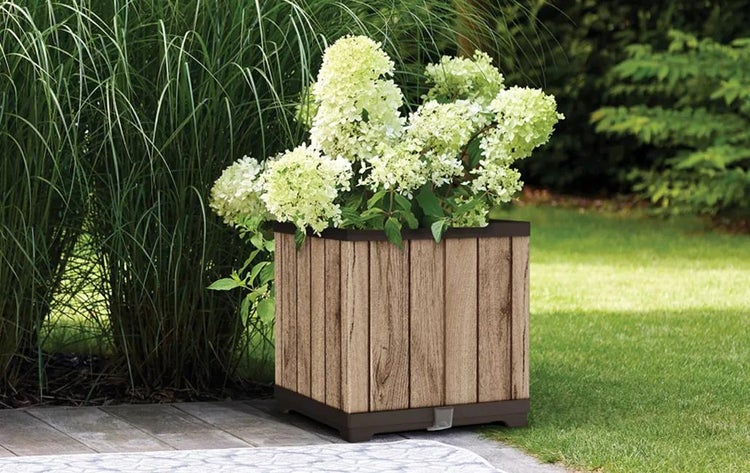 Quadratischer Pflanzkübel in Holzoptik mit weißer Hortensie in einem Garten auf einer Terrasse neben einer Rasenfläche.