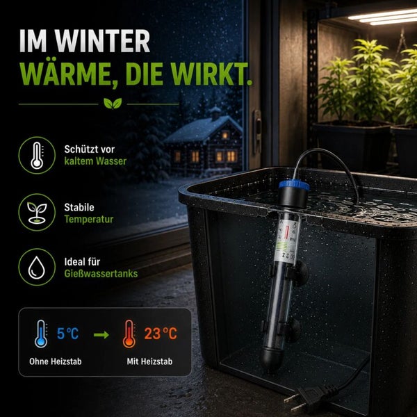 Heizstab in einem Wassertank zur Temperaturregelung im Winter, mit grafischer Darstellung der Erwärmung von 5 Grad auf 23 Grad.