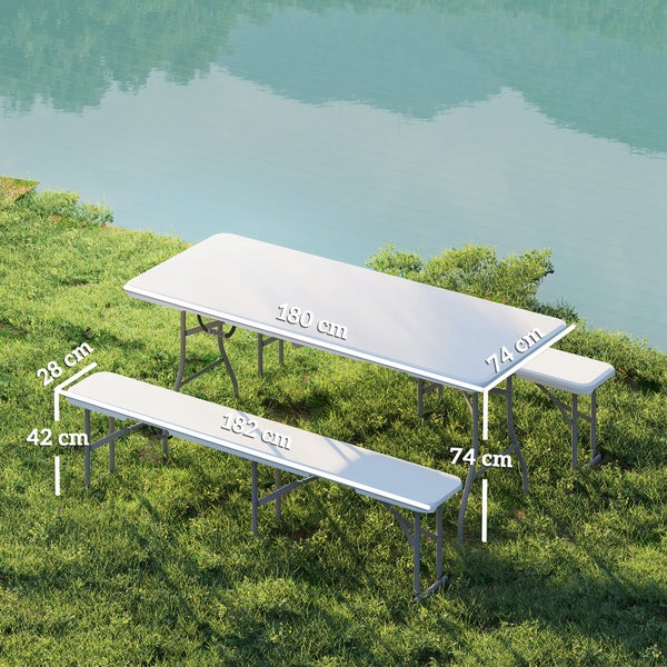 Outsunny Bierzeltgarnitur Klappbar 3-teiliges Set Campingtisch, 2 Bierbank mit Tragegriff, Festzeltgarnitur Biertischgarnitur für Balkon, Garten, Partyzelt 180 x 74 x 74 cm