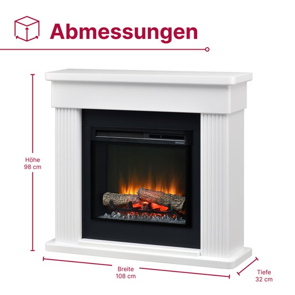 Elektrischer Kamin mit weißer Umrandung und Abmessungen: Höhe 98 Zentimeter, Breite 108 Zentimeter, Tiefe 32 Zentimeter.