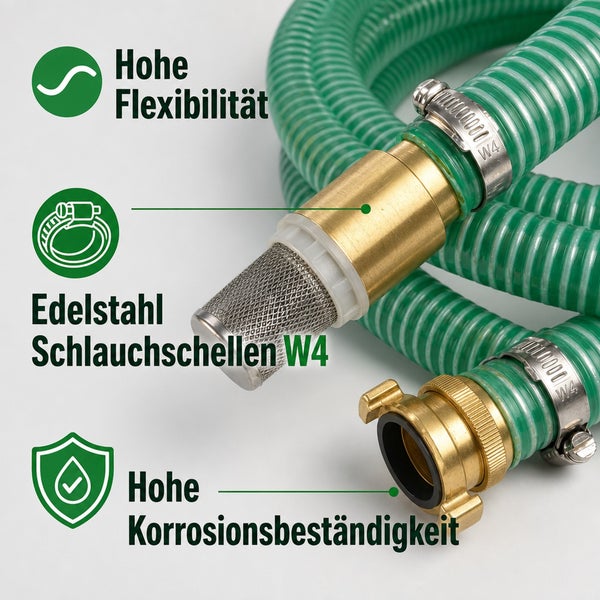 Saugschlauch mit Messinganschluss, Saugkorb und Edelstahl Schlauchschellen W4, gekennzeichnet mit Hohe Flexibilität und hoher Korrosionsbeständigkeit