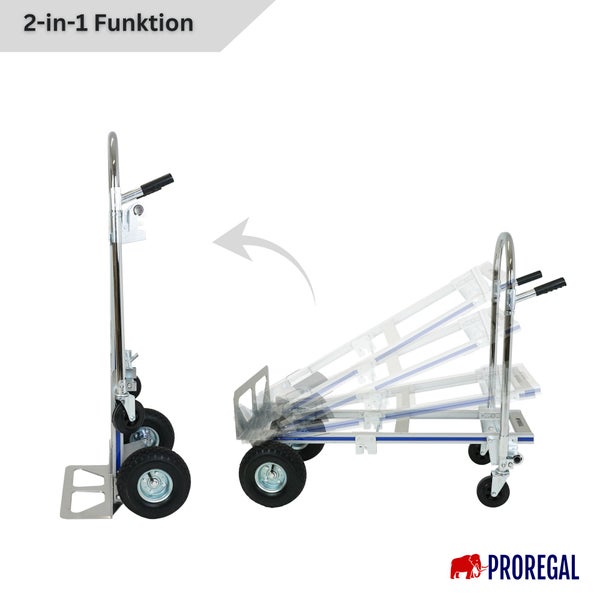 Proregal Sackkarre und Plattformwagen aus Metall mit zwei in eins Funktion. Proregal Logo.